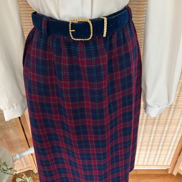 Vintage Cricket Lane Maroon & Blue Plaid Midi Skirt With Elastic Waist - Picture 11 of 11